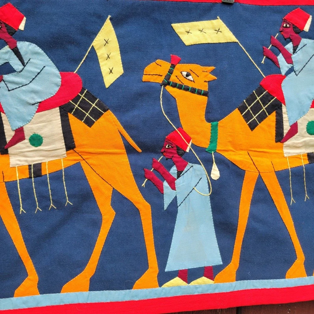 Vintage Egyptian Khayamiya Applique Wall Hanging Camel Caravan Textile Folk Art